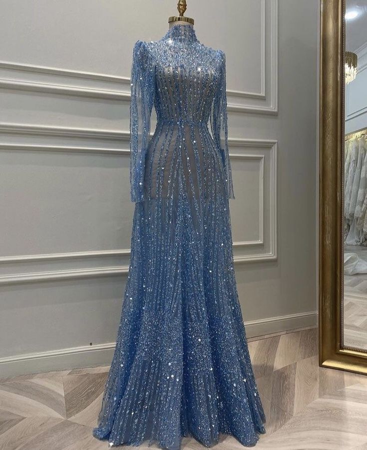 Blue Gorgeous Luxurious Exquisite Beaded Long Sleeve Floor Length Prom Dress Evening Dress Party Dress nv3893