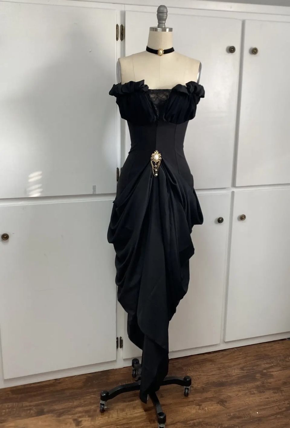 Black Off-Shoulder Ruched Asymmetrical Gown NV6247