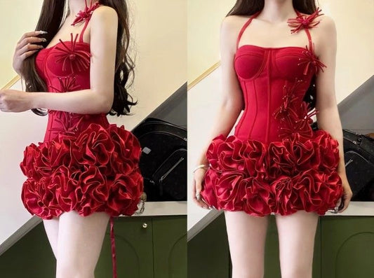 Red floral beaded halter short homecoming dress prom dress birthday dress nv4822