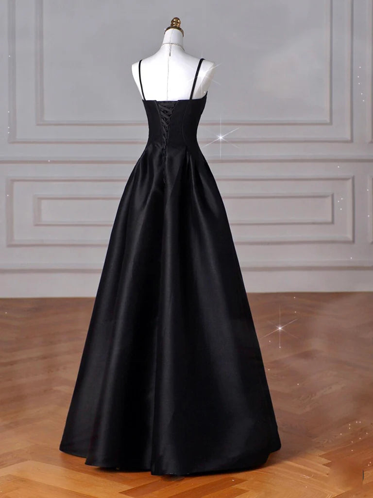 A-Line Sweetheart Neck Satin Black Long Prom Dress, Black Long Formal Dress nv1469