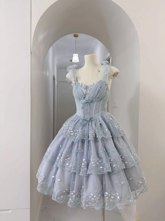 Blue Floral Short Tulle Homecoming Dress Party Dress nv4859
