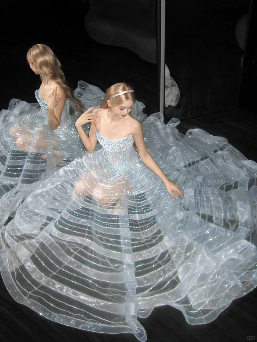 Strapless Silver White Ball Gown Prom Dress, 3D Hoop Organza Beaded Evening Gown NV7109