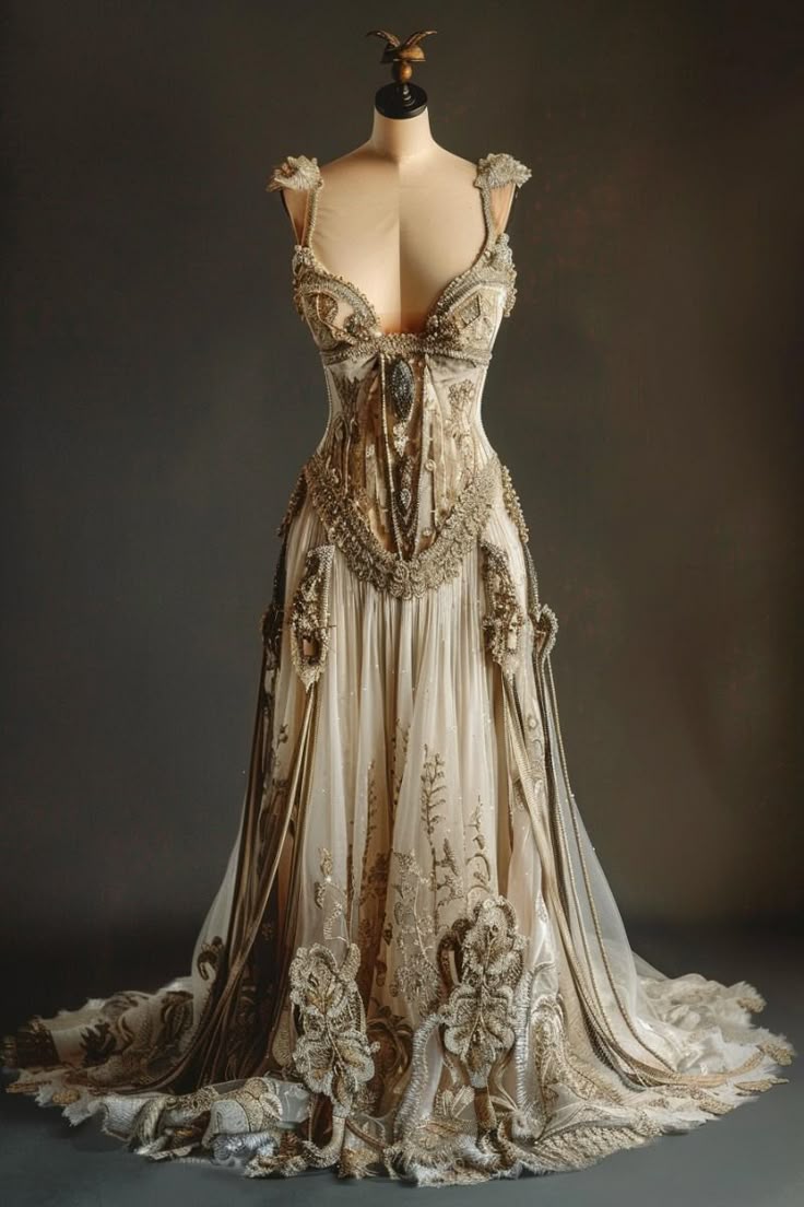 Golden Gorgeous Retro Fashion Elegant Floral Appliqué Exquisite Lace A-Line Long Tulle Floor-length Tail Evening Gown Prom Dress Wedding Dress nv3836