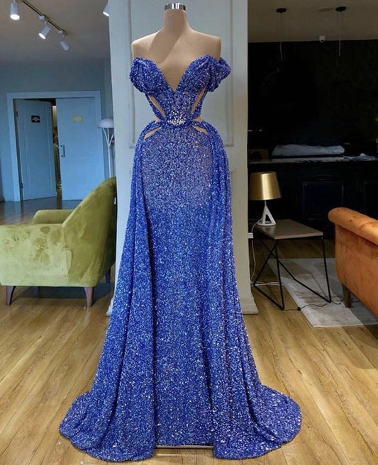 Blue beaded shiny gorgeous sexy elegant mermaid long floor-length evening gown ball gown party dress nv5111