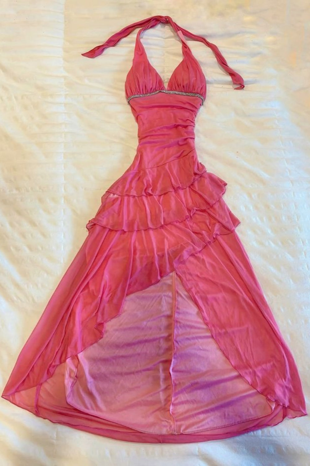 NiceVestidos--Vintage Rose Red Halter Neck Rhinestone-Embellished Ruffled Asymmetric Long Gown NV5909