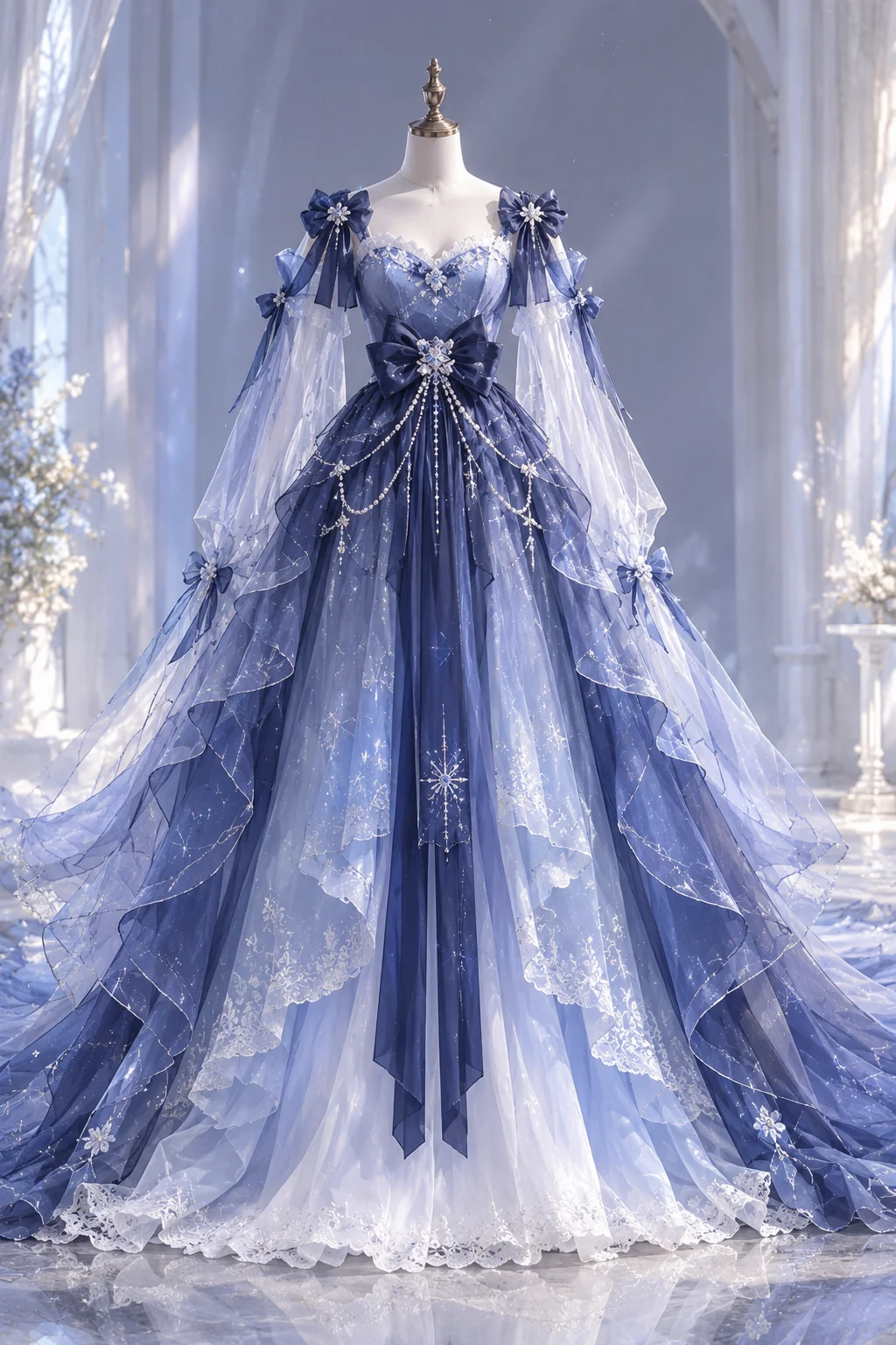 Ombre Blue Princess Prom Ball Gown, Strapless Detachable Sheer Sleeve, Snowflake Tulle Dress with Bow and Pearl Tassel NV7448