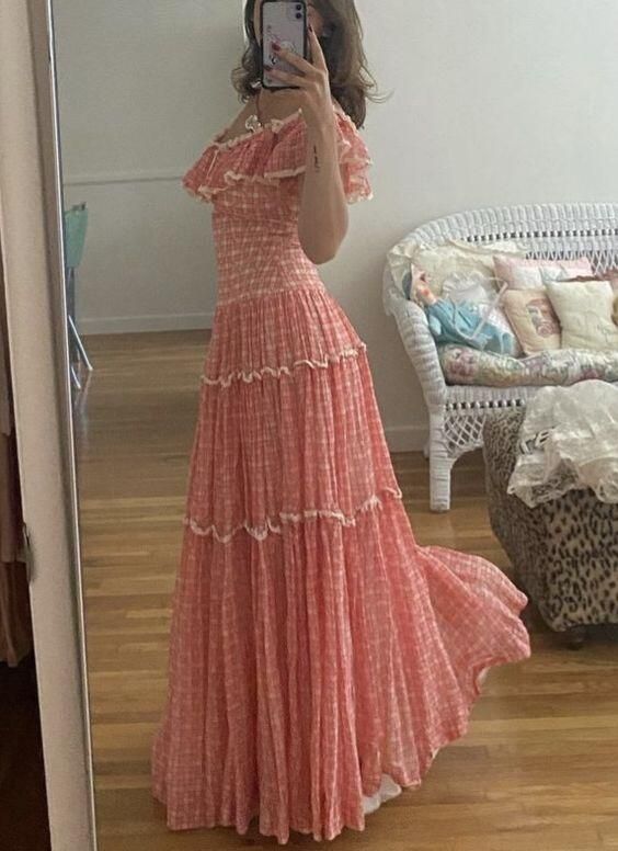 Pink Cute Off Shoulder A-Line Long Elegant Chiffon Ruffle Ball Gown Evening Dress Fashion Holiday Party Dress nv3582