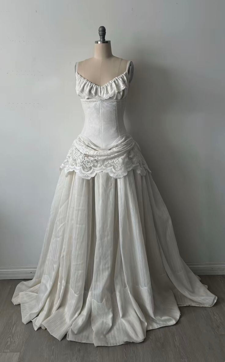 White Strapless Ruched Lace Panel High-Waist Gown NV6253