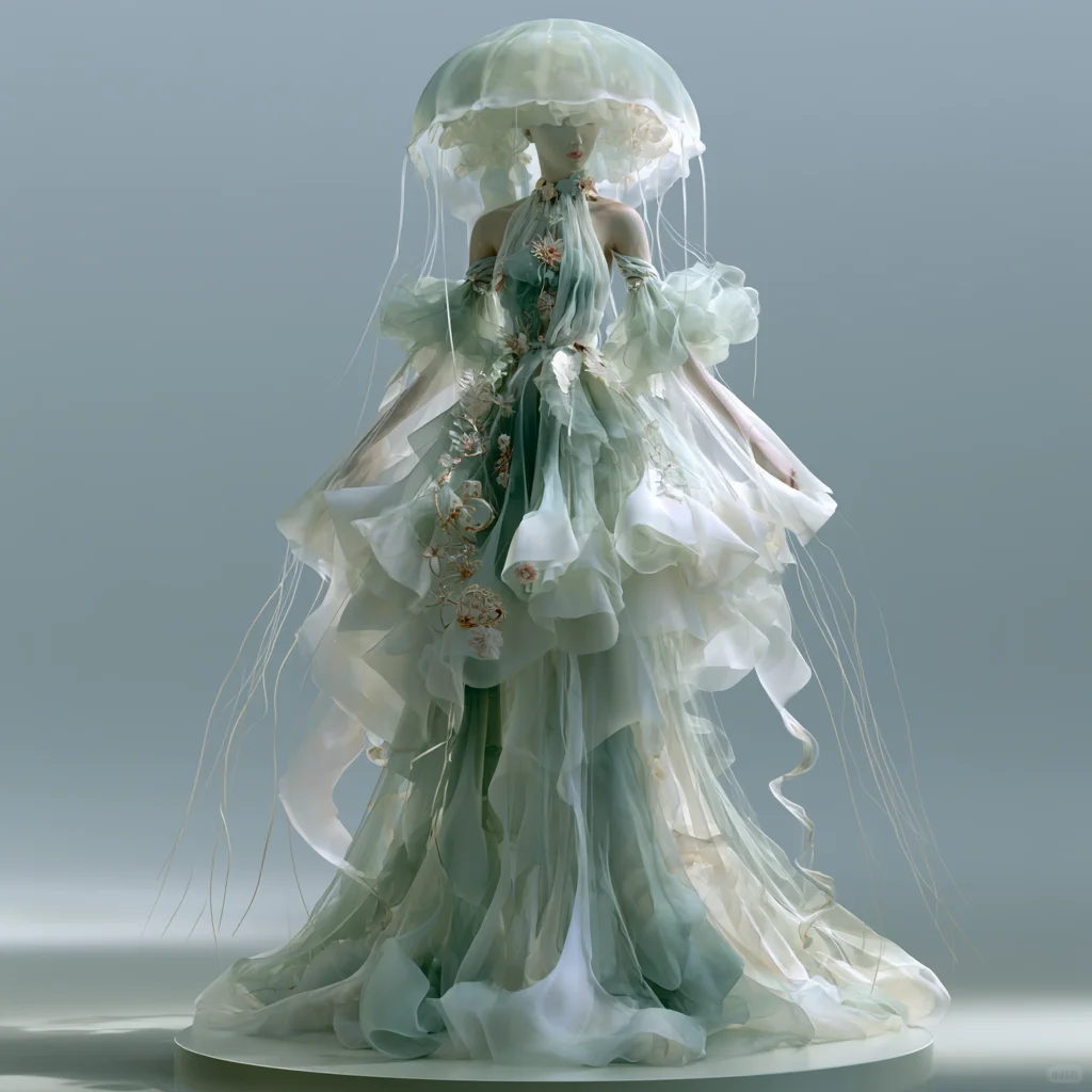 Mint Green Ombre Jellyfish Themed Organza Gown with Halter Neck and Detachable Sleeves NV7490