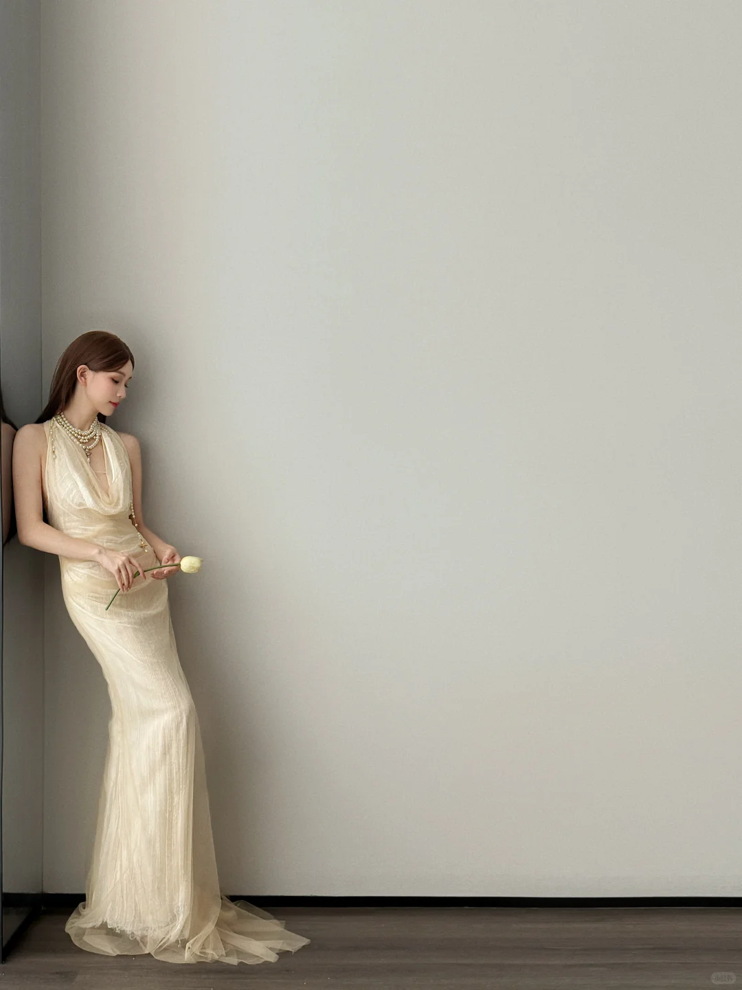 Halter Cowl Neck Mermaid Evening Dress Light Champagne Tulle Gown NV7121