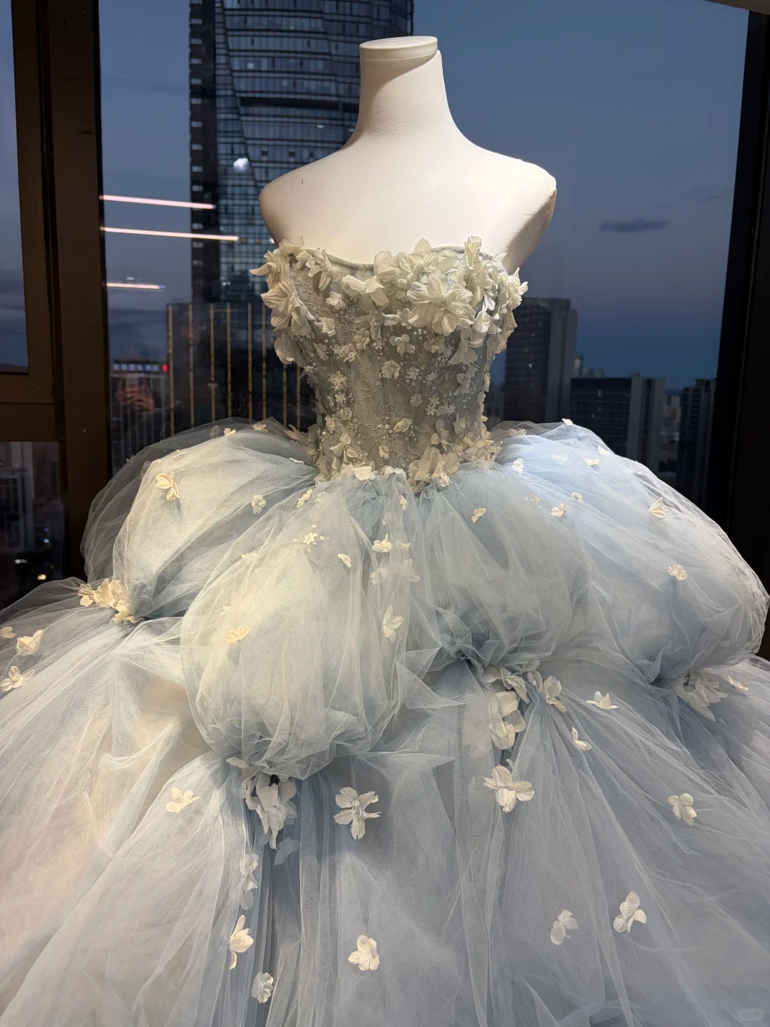 Strapless Dusty Blue Fairy Ball Gown 3D Floral Beaded Cloud Tulle Long Prom Dress NV7024