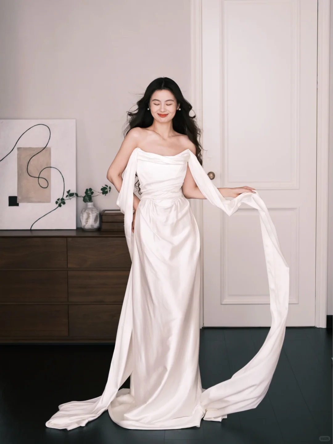White Strapless Draped Satin Wedding Dress With Long Streamers NV7230