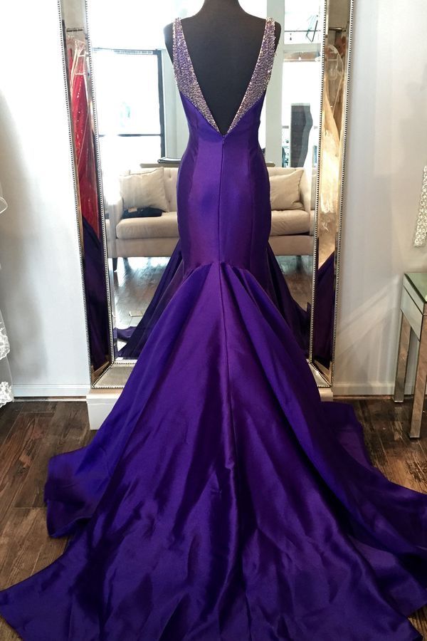 Purple Elegant Fashion V-neck Exquisite Sequins Long Satin Floor-length Train Ball Gown Evening Gown Party Dress nv3633