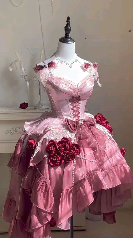 Pink Floral Short Satin Homecoming Dress Prom Dress Birthday Dress nv4823