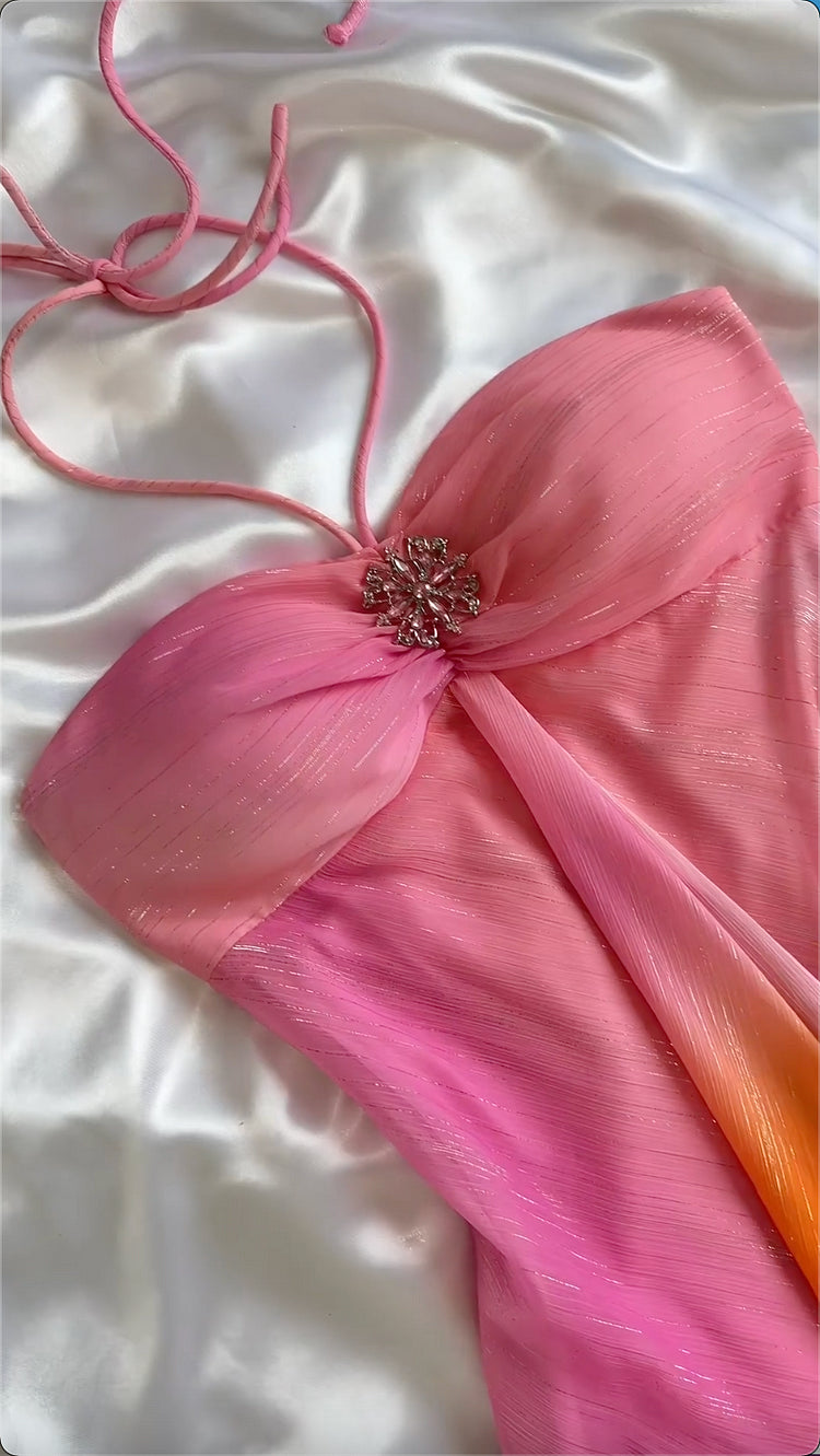 Pink Gradient Fashion Exquisite Beading Spaghetti Strap Long Chiffon Evening Gown Party Dress prom dressnv3579