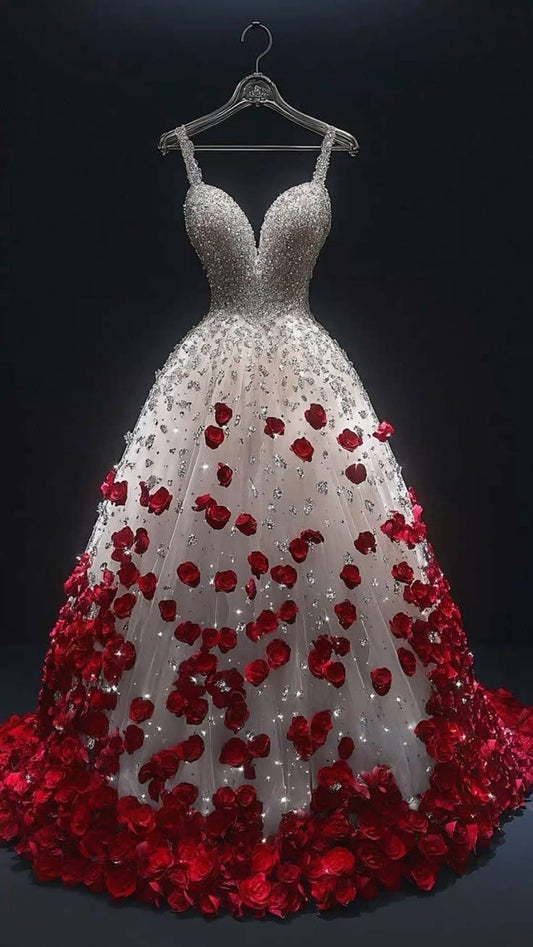 White red petal beading glitter long ball gown evening dress party dress nv4911