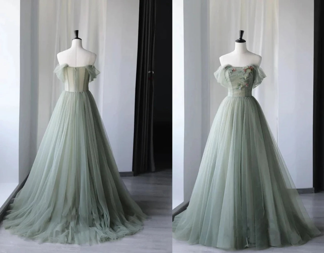 Green elegant A-line off-shoulder long tulle ball gown evening dress graduation dress coming of age ceremony dress nv1413