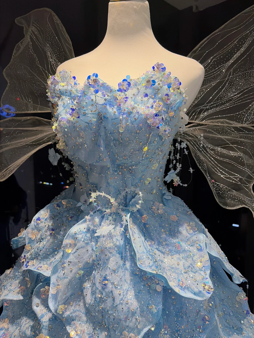 Sky Blue Strapless Mermaid Formal Gown 3D Floral Beaded Ruffle Tulle Evening Dress NV6963