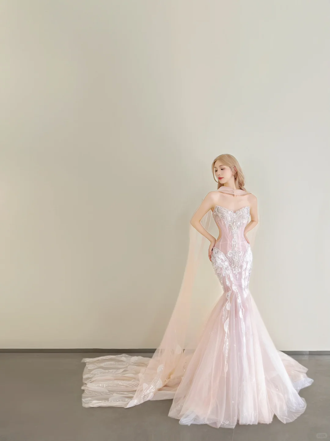 Light Pink Strapless Mermaid Prom Gown Beaded Sequin 3D Petal Tulle Cape NV7179