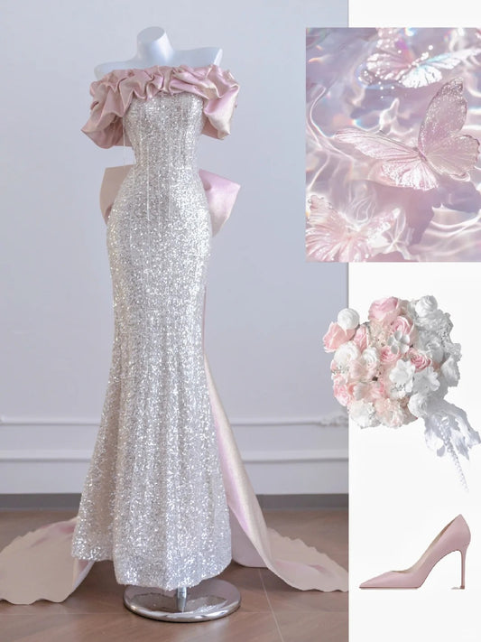 Silver pink fashion exquisite beaded sequins long prom dress evening dress party dress nv4725