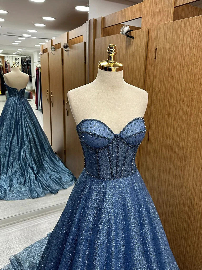 A-Line Sweetheart Neck Tulle Beads Blue Long Prom Dress, Blue Long Formal Dress nv1499