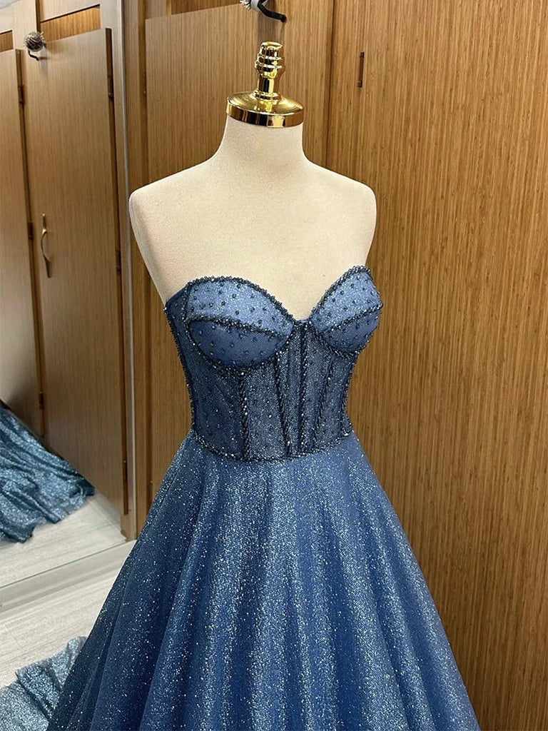 A-Line Sweetheart Neck Tulle Beads Blue Long Prom Dress, Blue Long Formal Dress nv1499