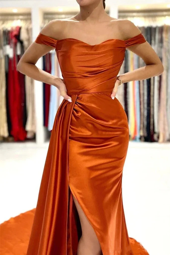 Elegant Off Shoulder Side Slit Mermaid Burnt Orange Satin Long Bridesmaid Dresses nv1677