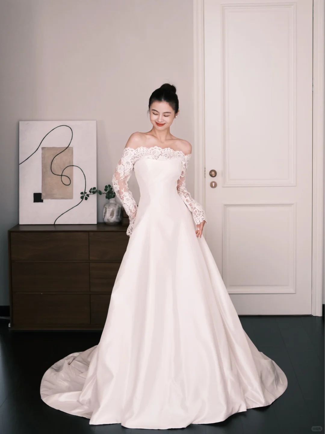 White Off The Shoulder Lace Sleeve Satin Wedding Dress NV7237