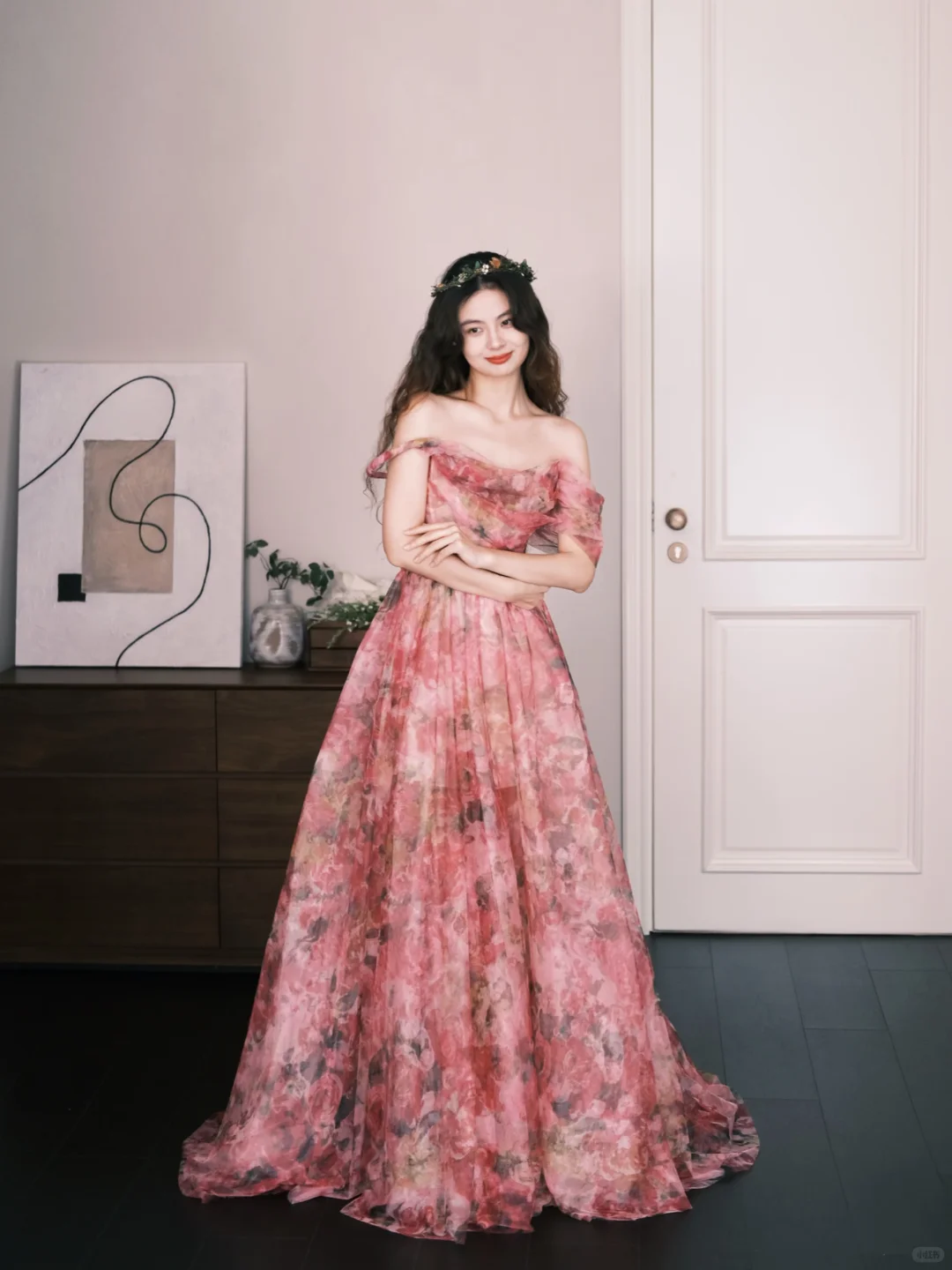Off Shoulder Pink Watercolor Floral Tulle Prom Dress, Romantic A-Line Evening Gown NV7332