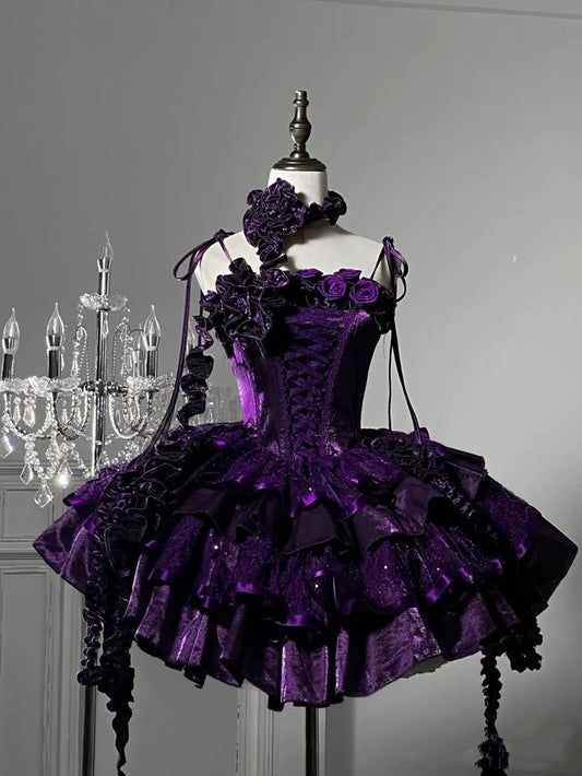 Purple Floral Vintage Cute Short Tulle Homecoming Dress Prom Dress Birthday Dress nv4825