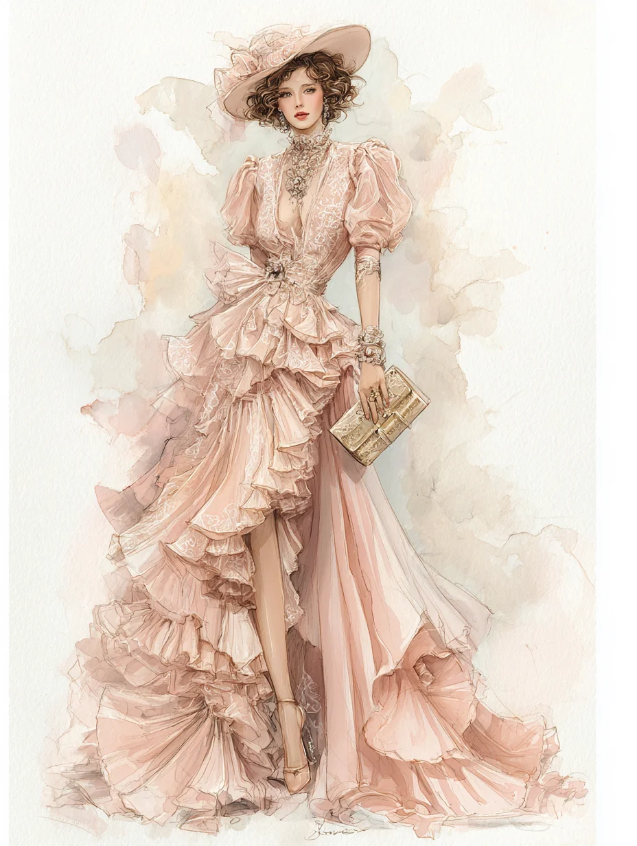Dusty Pink Vintage Lace Tiered Ruffle High Slit Prom Evening Gown NV7409
