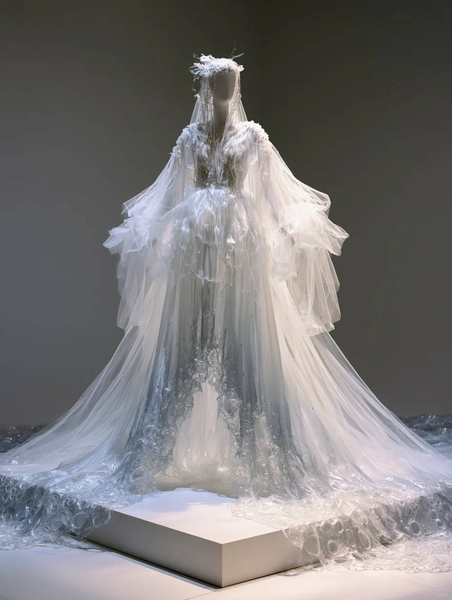 Gradient Ocean Wedding Dress, Sheer Layered Tulle, Bubble Lace, Long Train, Fantasy Bridal Gown NV7482