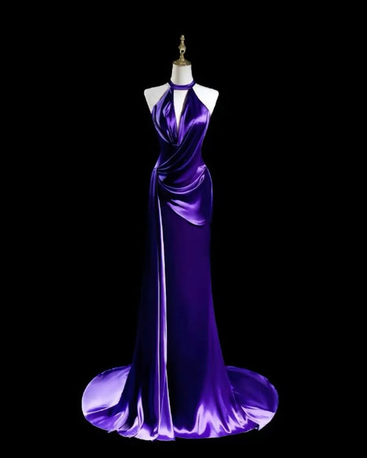 Purple Fashion Elegant Long Satin Floor Length Train Ball Gown Evening Dress Birthday Party Dress Prom Dress nv3946