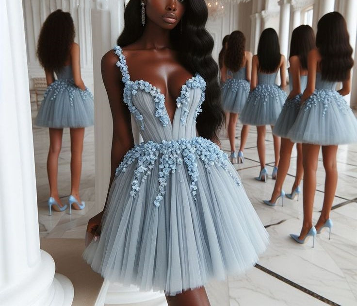 Blue delicate floral applique short tulle homecoming dress birthday party dress nv5066