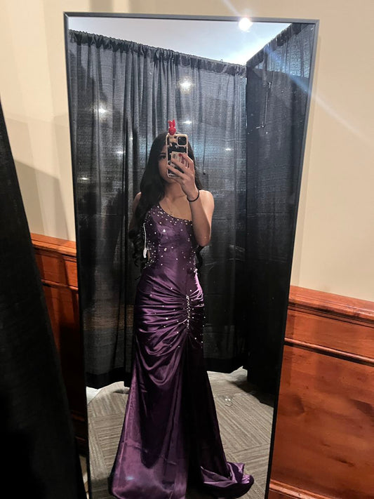 Purple Fashion One Shoulder Beaded Satin Long Prom Gown Evening Dress Party Dress nv4764