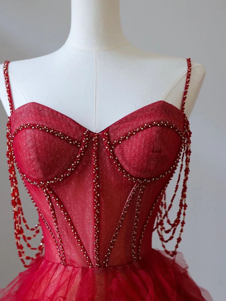 NiceVestidos--Red Spaghetti - Strap Beaded Tulle Gown, Romantic Layered Train Banquet Dress NV5758