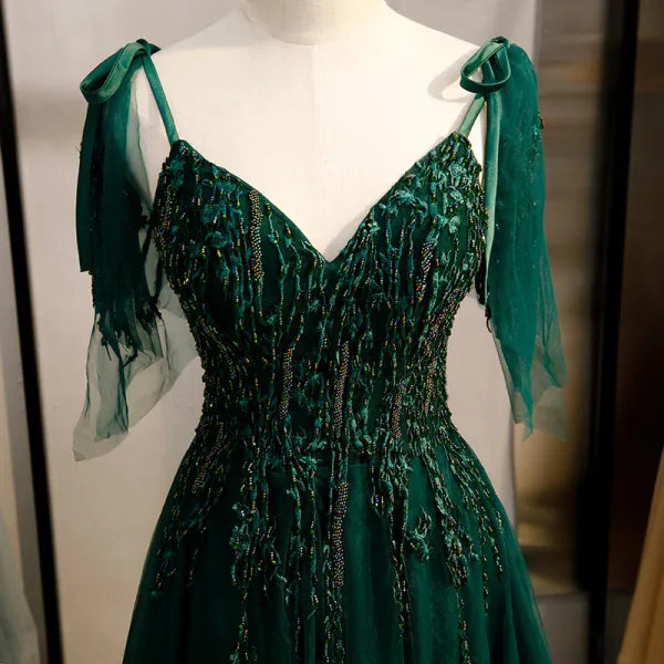 A-Line Off Shoulder Tulle Lace Dark green Long Prom Dress Long Evening Dress nv1648