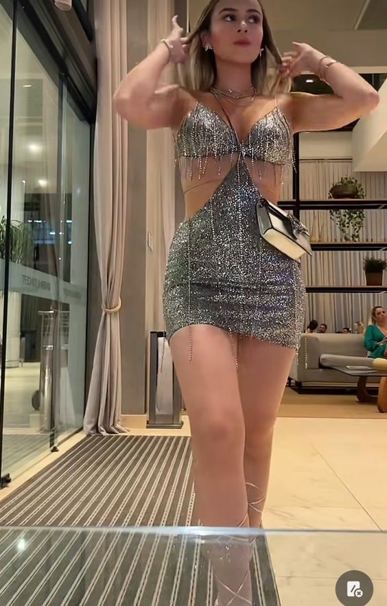 Silver Sequin Hollow Sexy Suspender Rhinestone Chain Dress nv1950