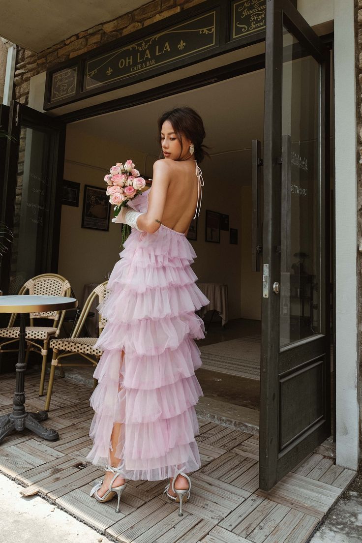 Pink sweet backless long tulle ball gown evening dress nv1353
