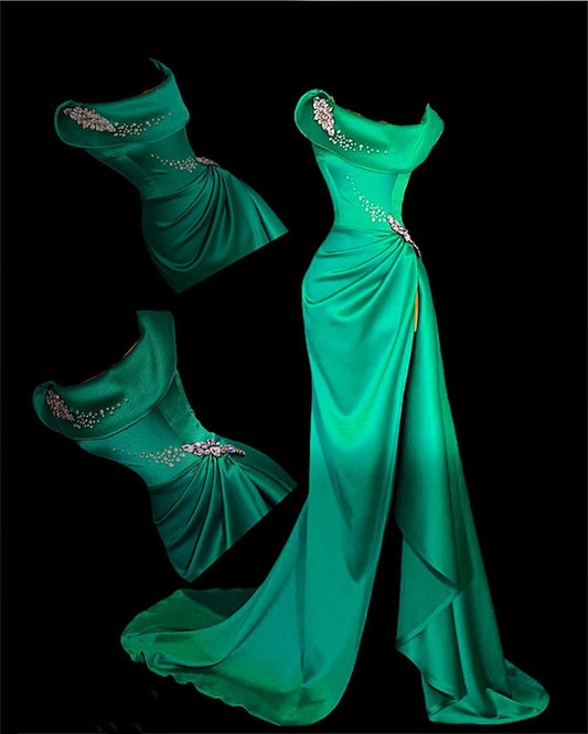 Green Gorgeous Fashionable Elegant Exquisite Baoshi Beaded Long Satin Floor Length Trailing Slit Sexy Prom Dress Evening Dress Birthday Party Dress Prom Dress nv3947