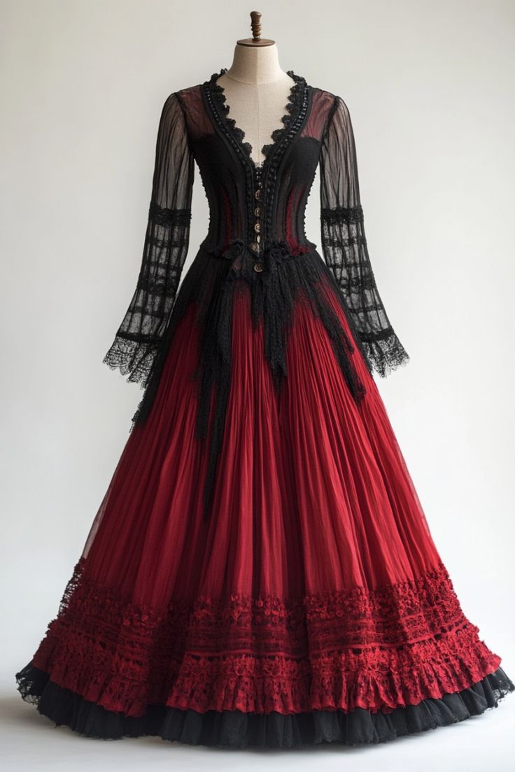 NiceVestidos-_Red Long-Sleeved Tulle Ball Gown NV6054