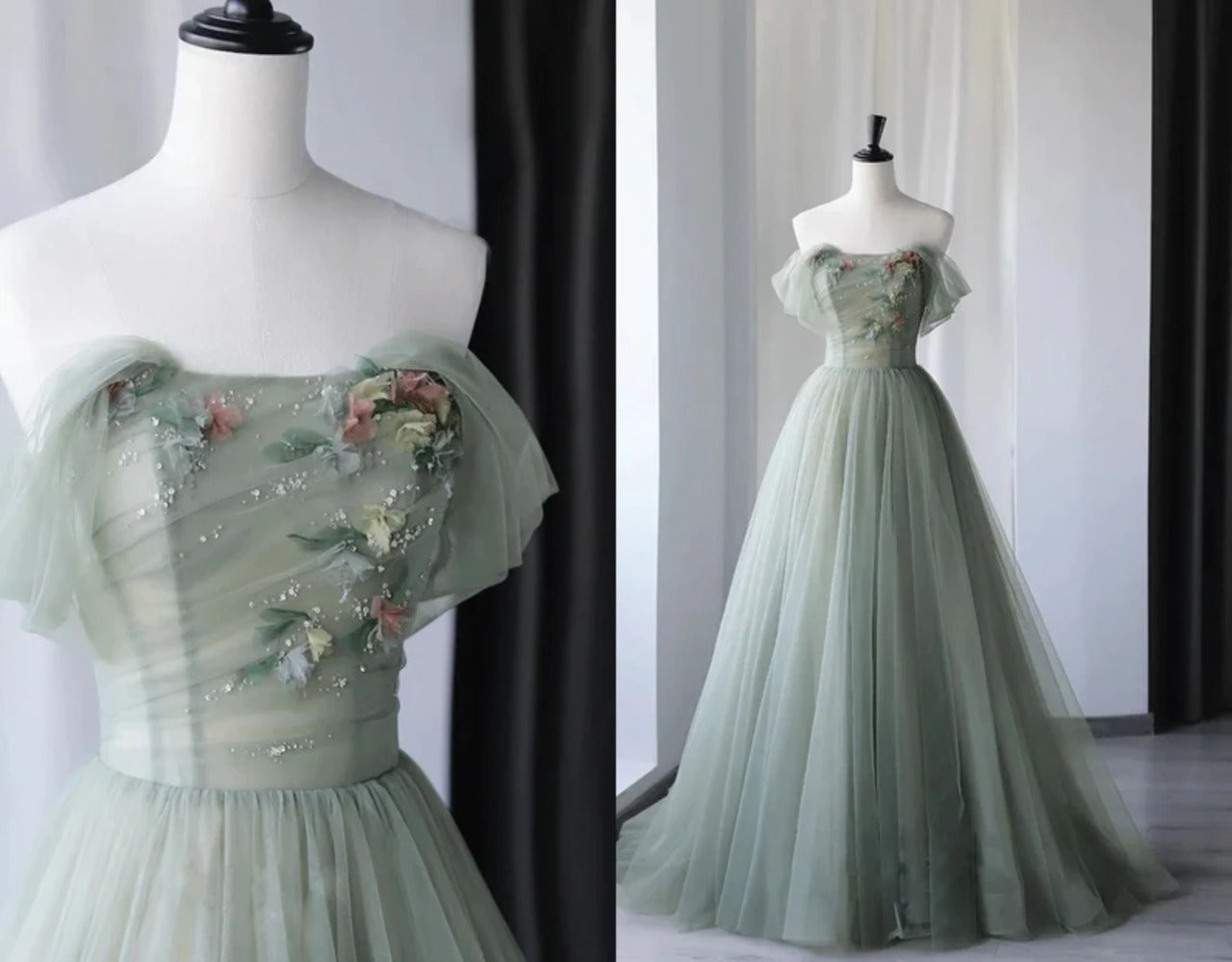 Green elegant A-line off-shoulder long tulle ball gown evening dress graduation dress coming of age ceremony dress nv1413