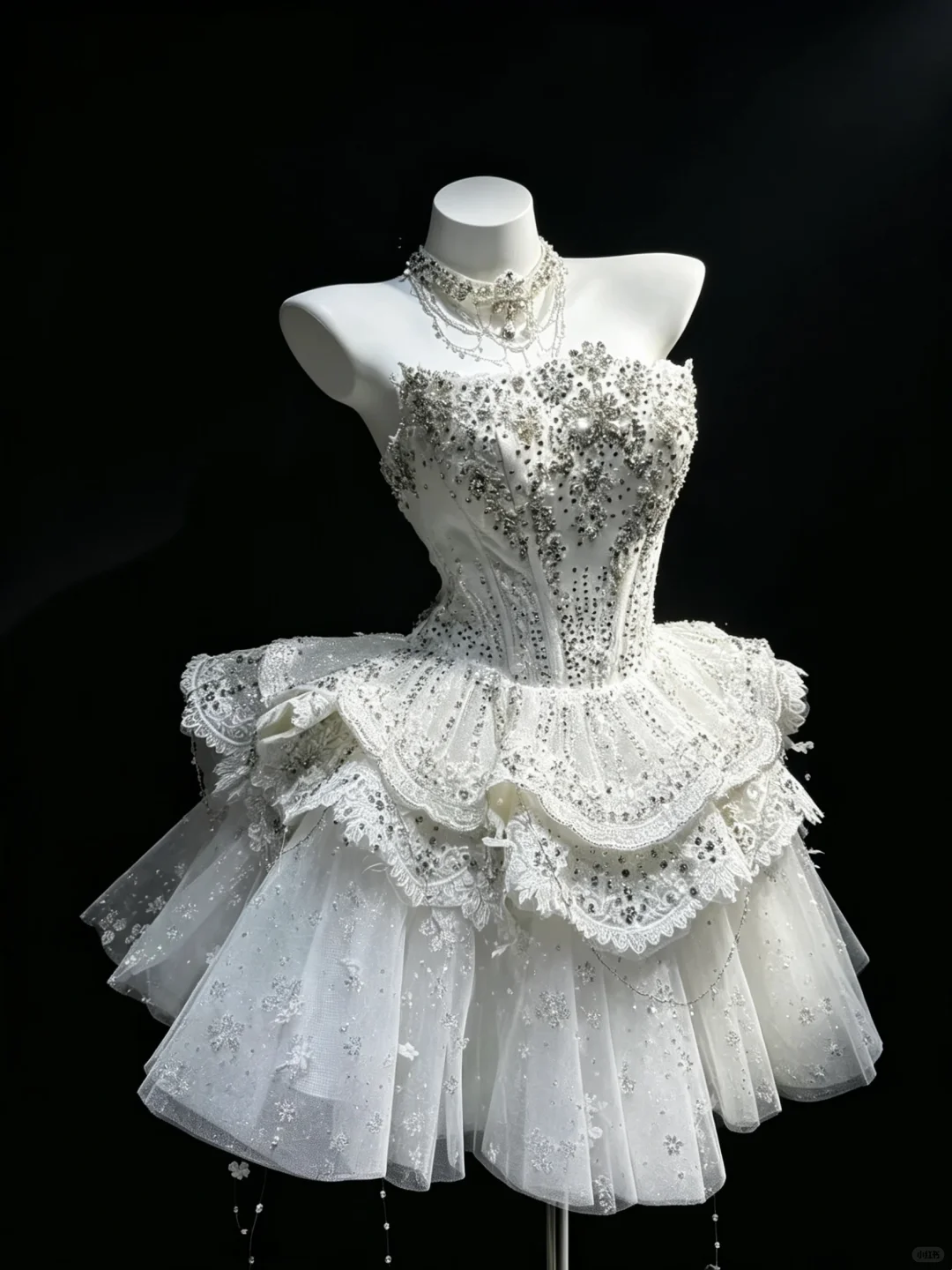 White High Neck Strapless Corset Evening Gown Rhinestone Beaded 2-in-1 Ruffle Tulle Mermaid Long Train Prom Dress NV6997