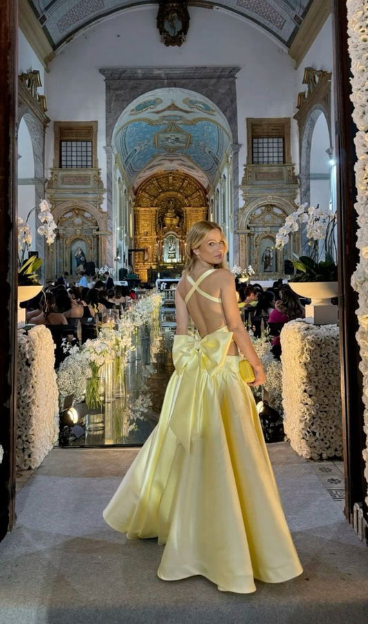 Yellow fashion halter waist long backless bow elegant prom dress evening dress party dress nv4682