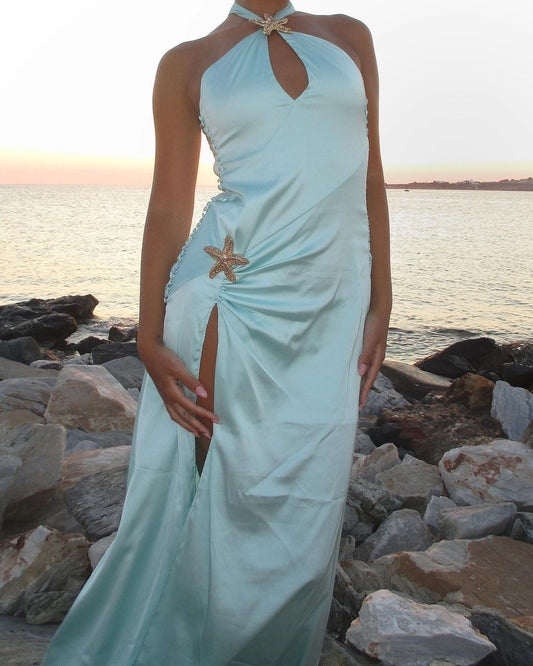 Blue Ocean Goddess Satin Long Prom Dress Evening Gown Party Dress nv4763