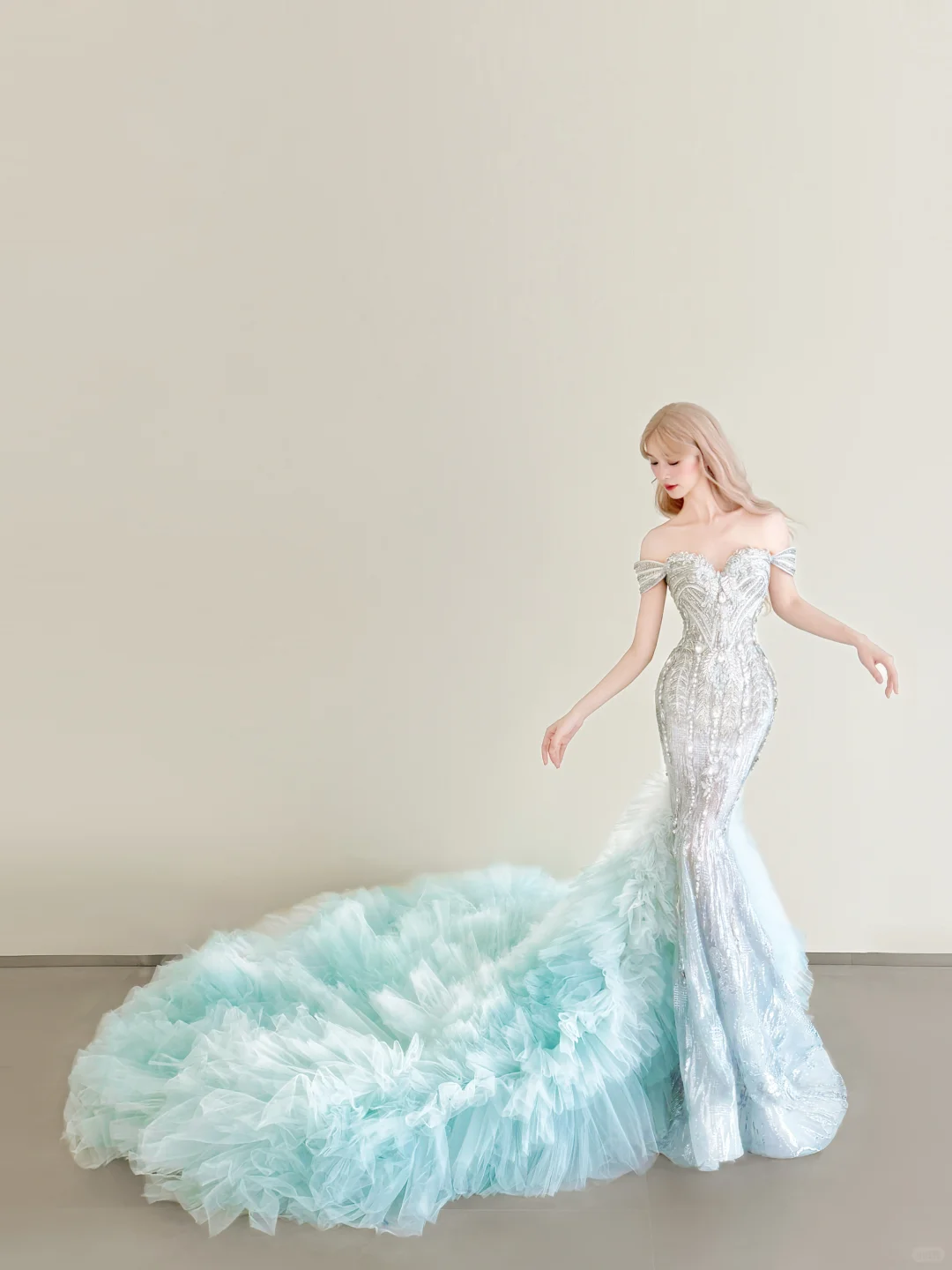 Mint Green Off Shoulder Mermaid Prom Gown Beaded Sequin Ruffled Tulle Train NV7176