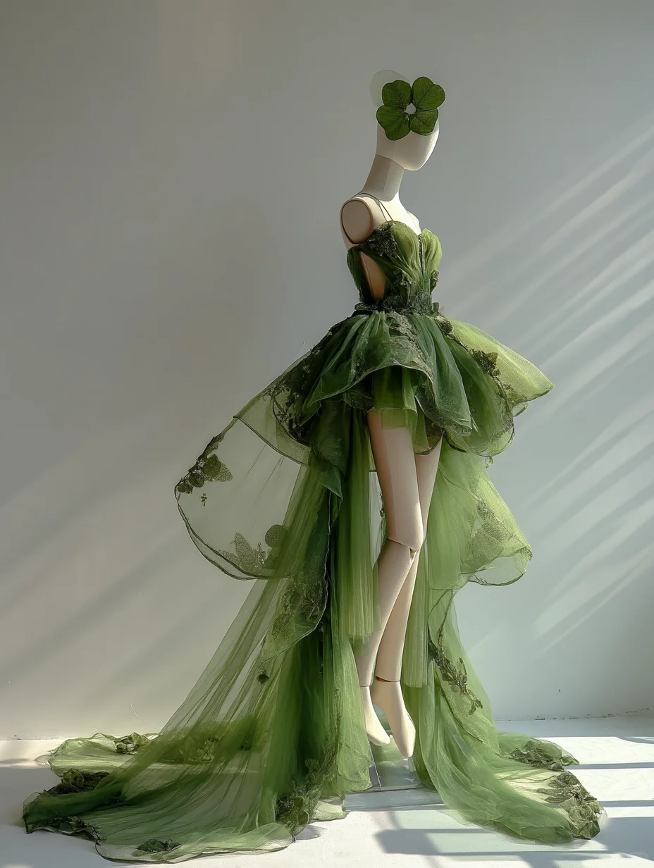 Dark Green Fairy High Low Tulle Gown with Spaghetti Strap and Lace Appliqué NV7502