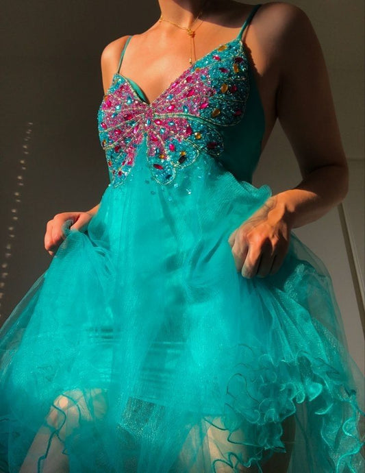 Blue Beaded Short Tulle Homecoming Dress Birthday Cocktail Party Dress nv4656