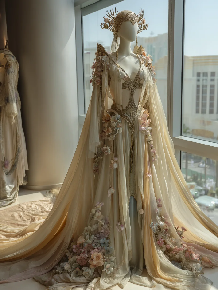 Champagne Elf Fairy Chiffon Gown with Cape Sleeves & 3D Florals NV7509