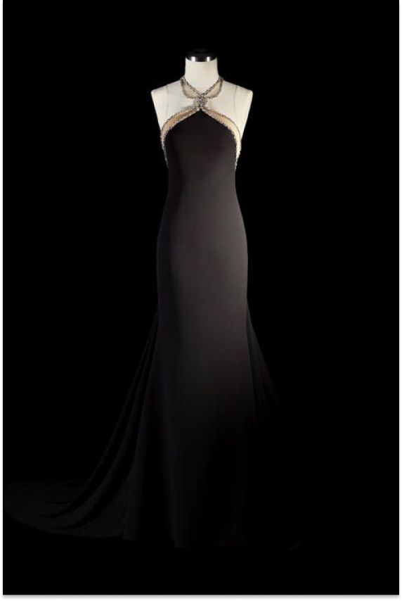 Black Satin Halter-Neck Color-Block Beaded Mermaid Train Gown NV6236